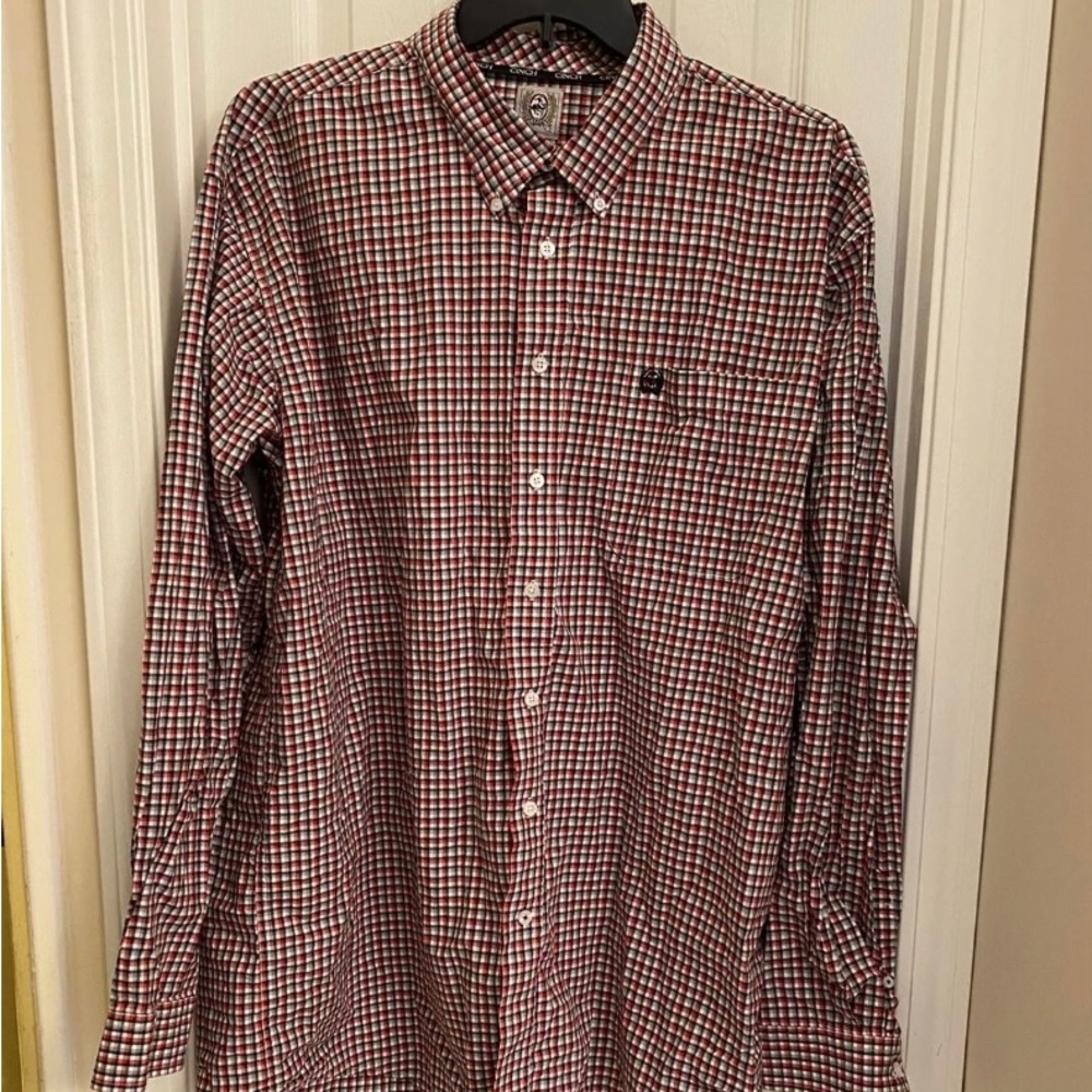 Cinch Long Sleeve Button Up Shirt red white gray check pocket long sleeve rodeo